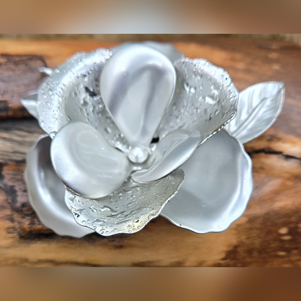 Large Flower Brooch Silver Tone High Profile Riveted Various Finishes 2.5" Dia